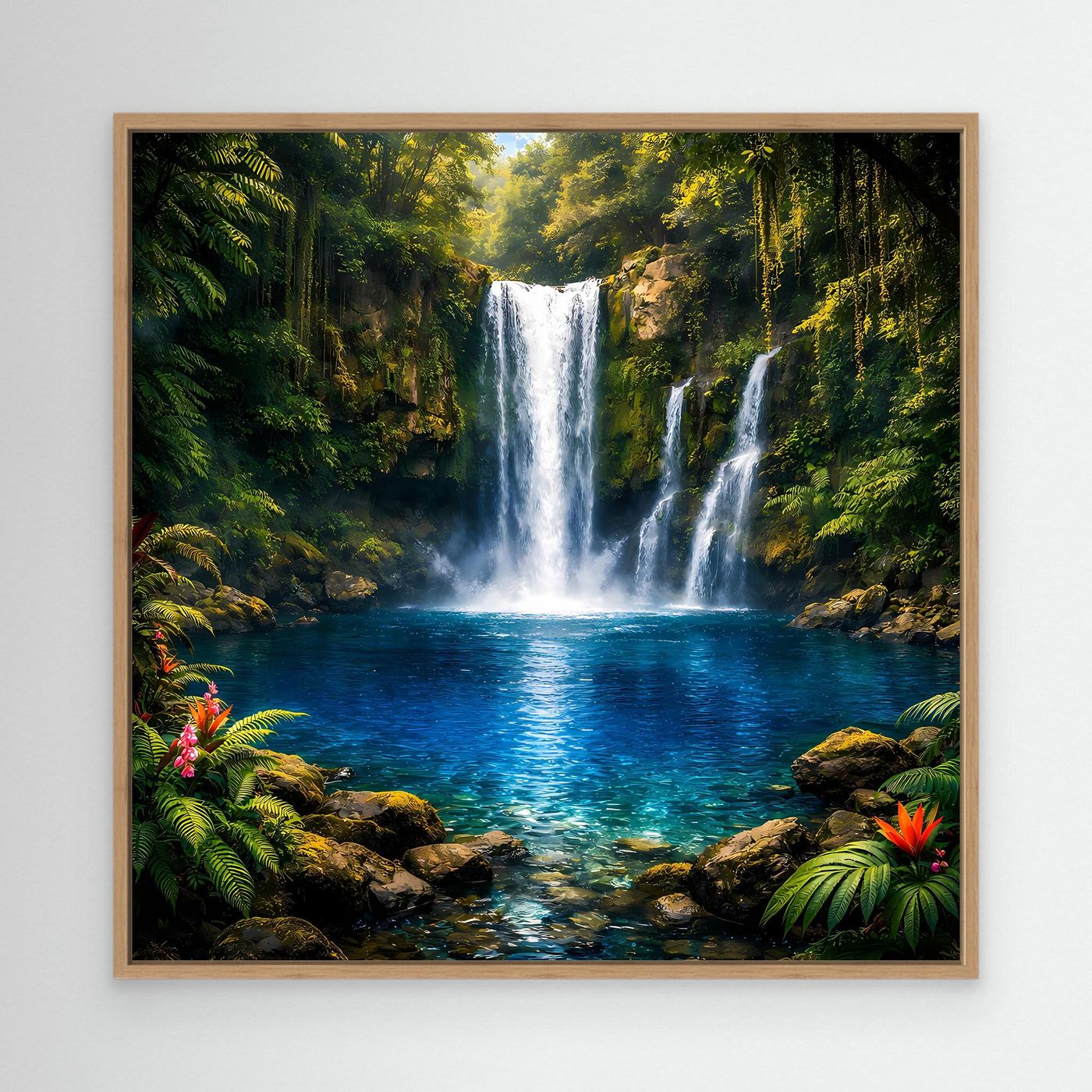 Leinwandbild mit tropischem Wasserfall im Dschungel im Eichenrahmen