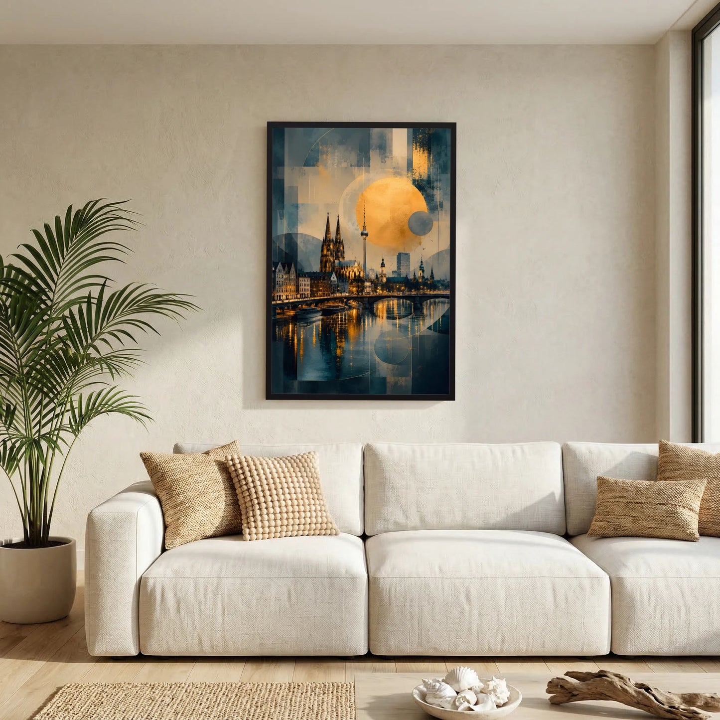 Hochformat-Poster mit Köln-Dom-Skyline, Gold-Design im Rahmen an der Wand