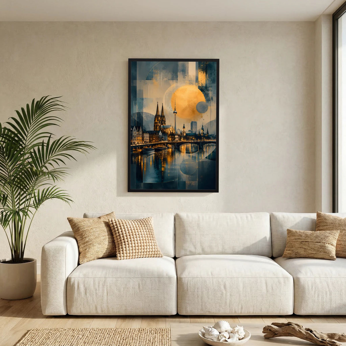 Hochformat-Poster mit Köln-Dom-Skyline, Gold-Design im Rahmen an der Wand