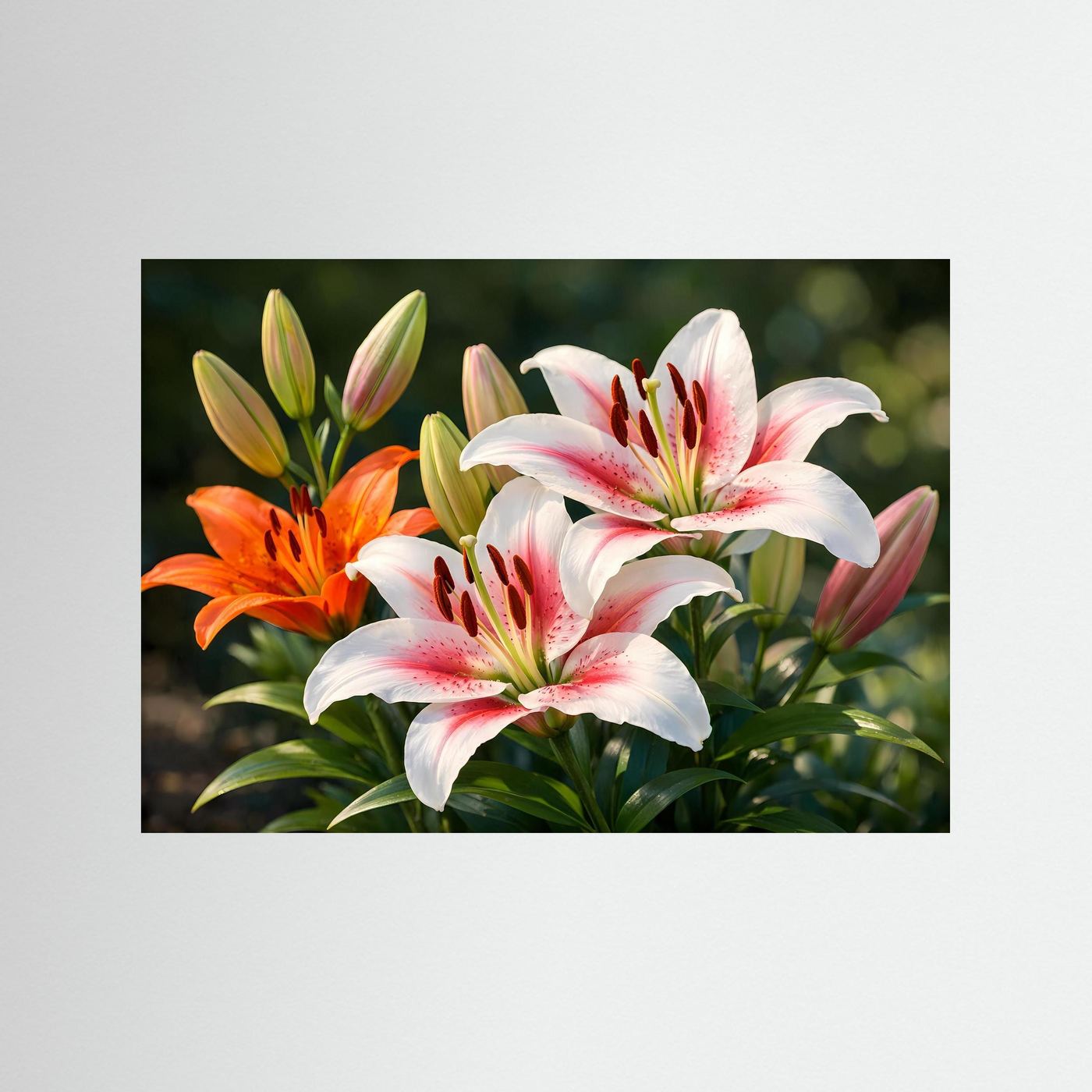 Blumenposter im Querformat mit weißen und orangefarbenen Lilien, schwarzer Rahmen