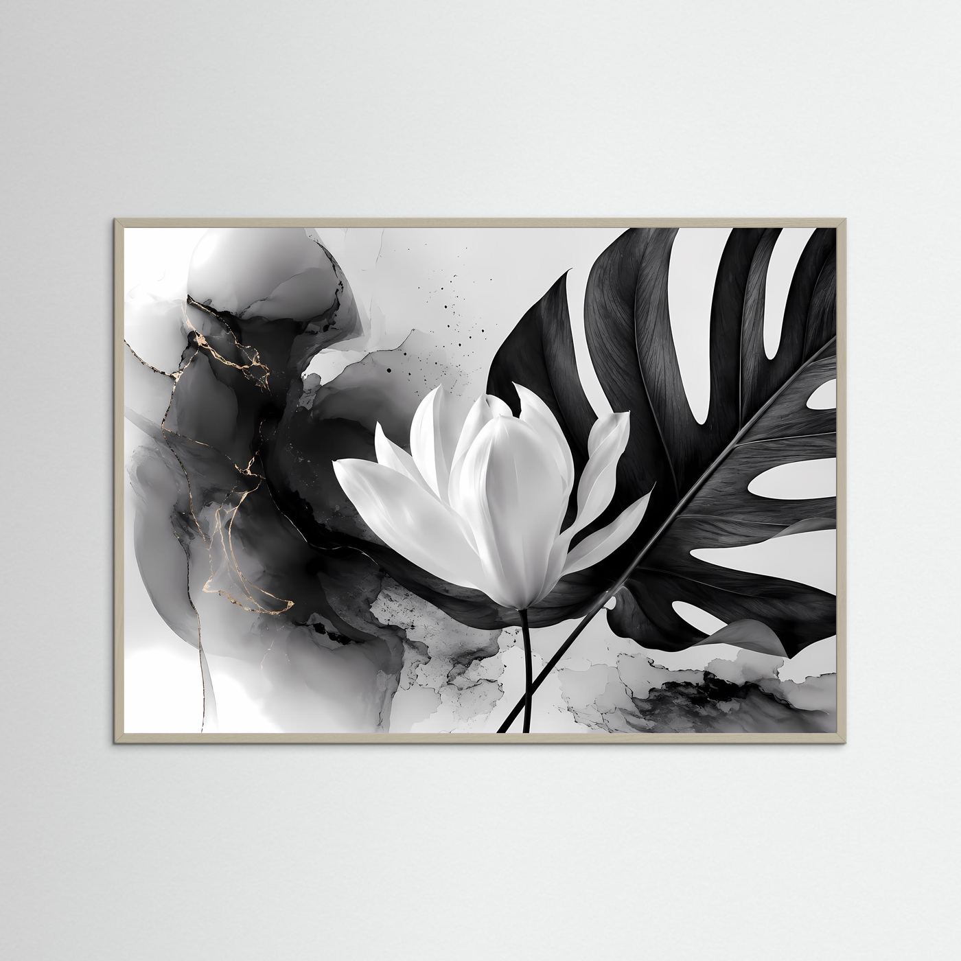 Schwarz Weiß Lotus Poster | Monstera Botanical Wandkunst | Minimalistische Blumen Kunst | Moderne Leinwand | Monochrome Natur mit Goldakzenten