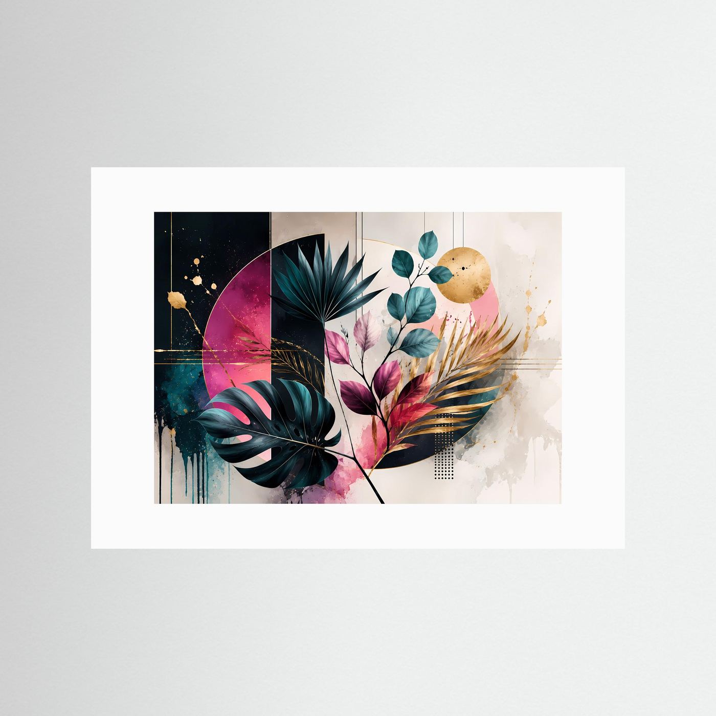 Abstrakte Botanik Poster | Moderne Blätter Wandkunst | Geometrische Pflanzen Kunst | Tropical Boho Leinwand | Gold & Pink Design Bild