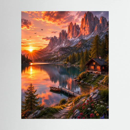Hochformatiges Poster mit Bergsee, Sonnenaufgang und beleuchteter Berghütte