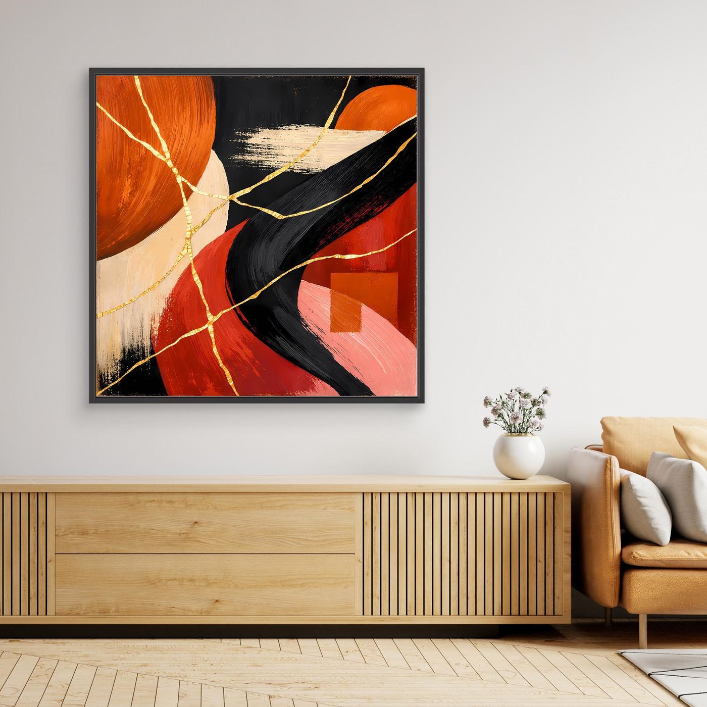 Gerahmtes Leinwand-Wandbild mit abstrakten Formen und goldenen Kintsugi-Linien, schwarzer Rahmen