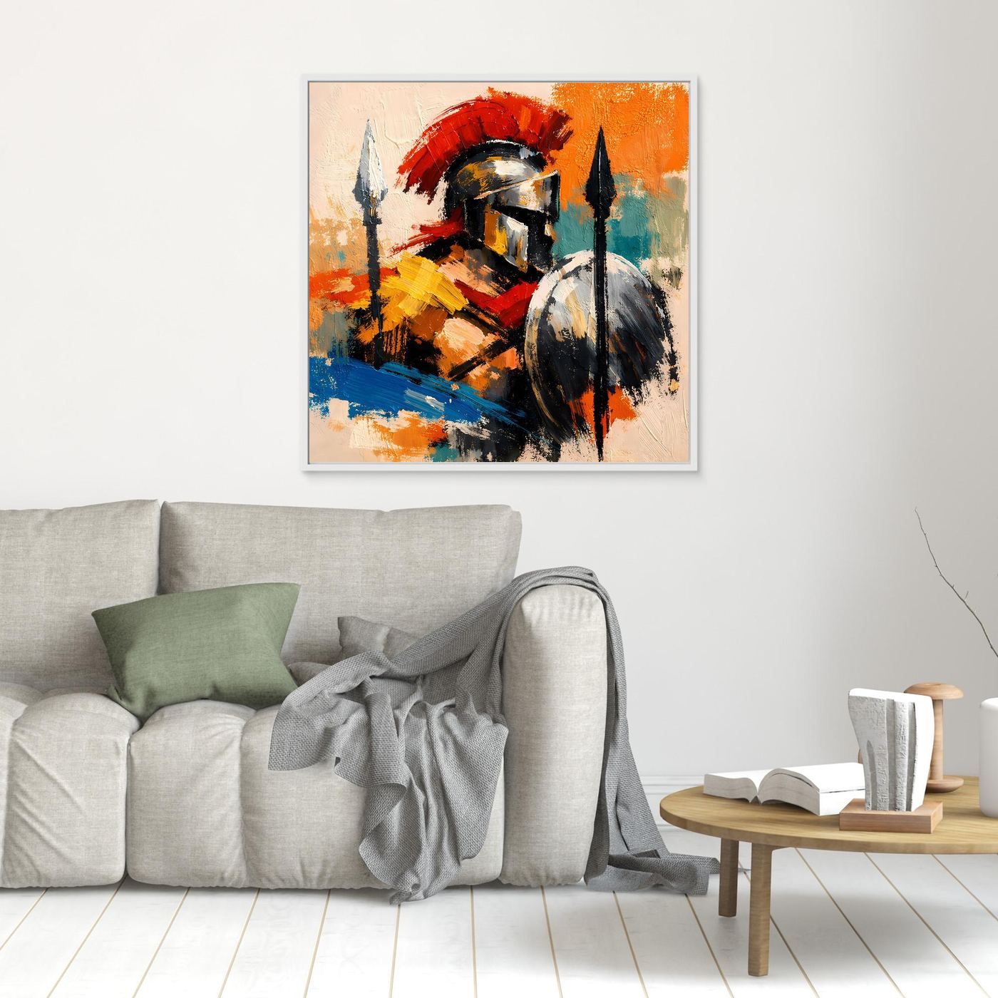 Abstract gladiator wall art: helmet, shield, spears, bright colors; framed, small