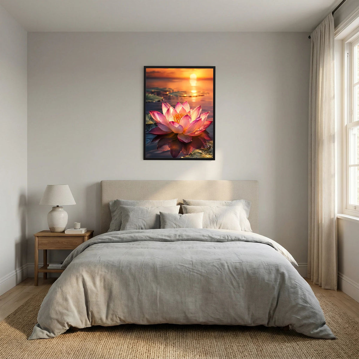 Gerahmtes Wandposter im Hochformat: rosafarbene Lotusblüte im Sonnenuntergang über Wasser