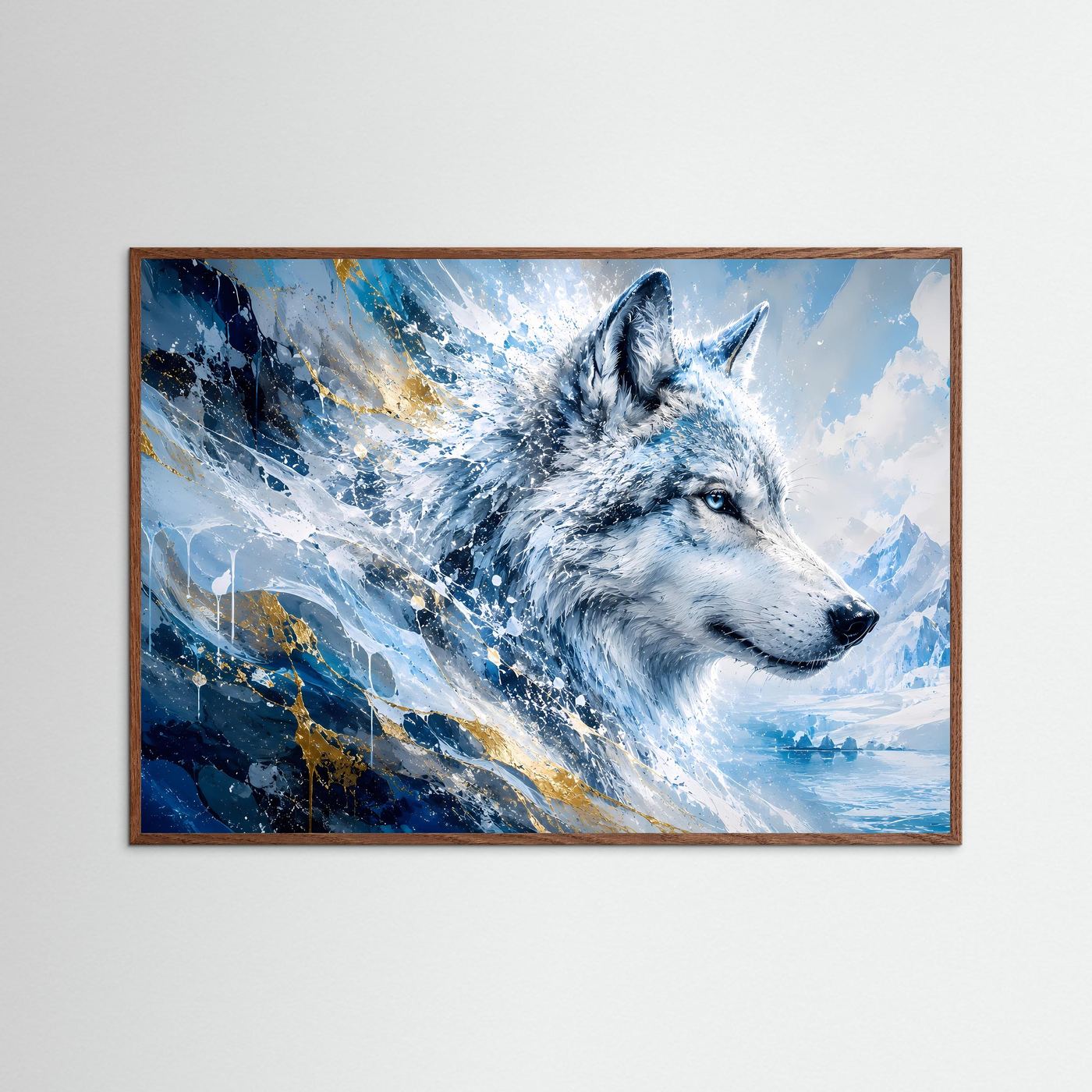 Schneewolf Poster Querformat | Eiswolf Wandbild Modern | Wolf Kunst in Blau Weiß mit Goldakzenten