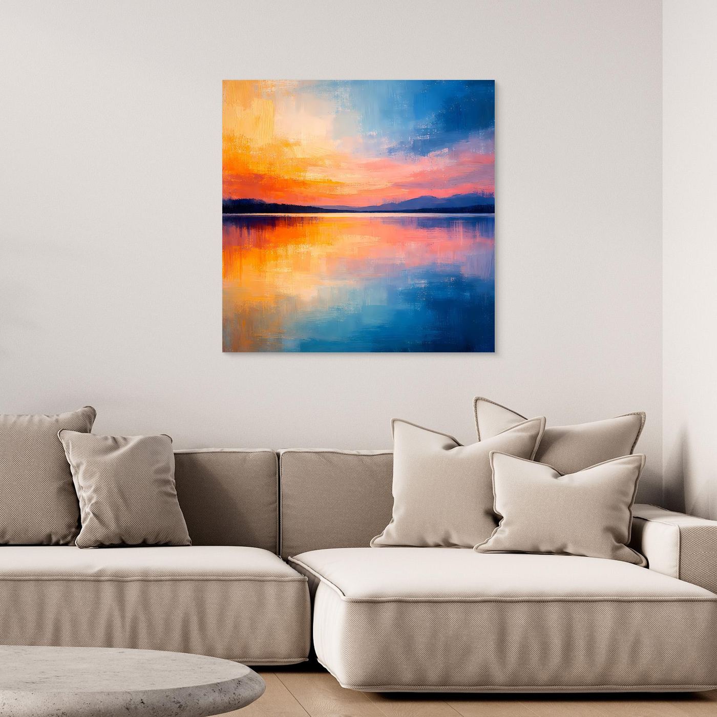 Abstraktes Wandbild auf Leinwand mit Spiegelung am See, Sonnenuntergang in Blau und Orange