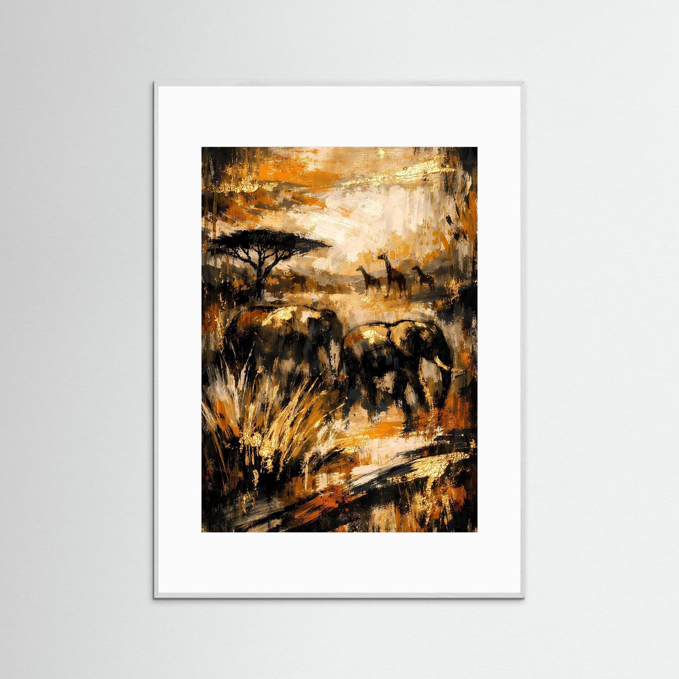 Elefanten-Kunstposter mit abstraktem Savannenmotiv, Ocker & Tiefschwarz, weißer Rahmen