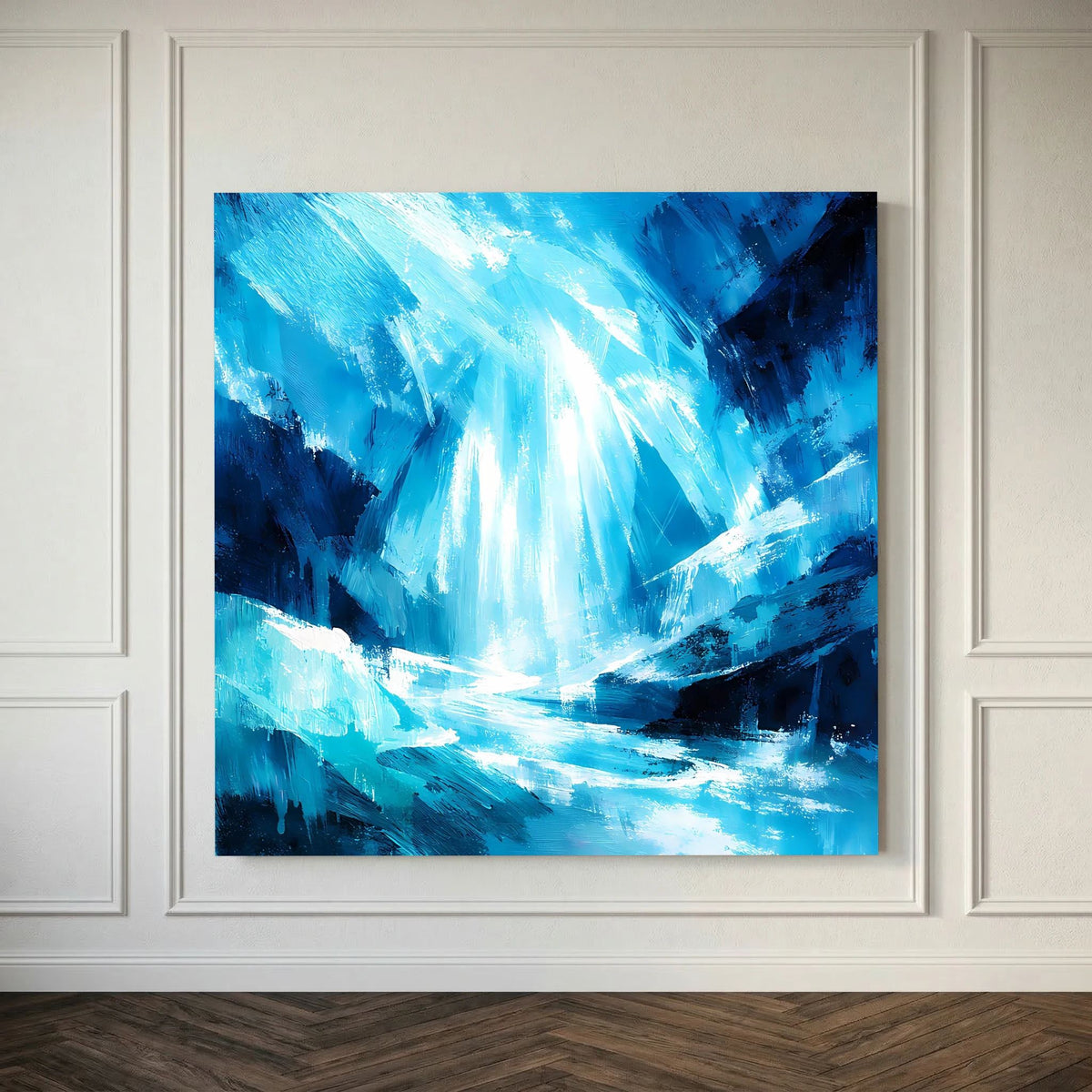 Blaues abstraktes Leinwand-Wandbild mit Eiswasserfall, weißen Lichtstrahlen und Tiefe