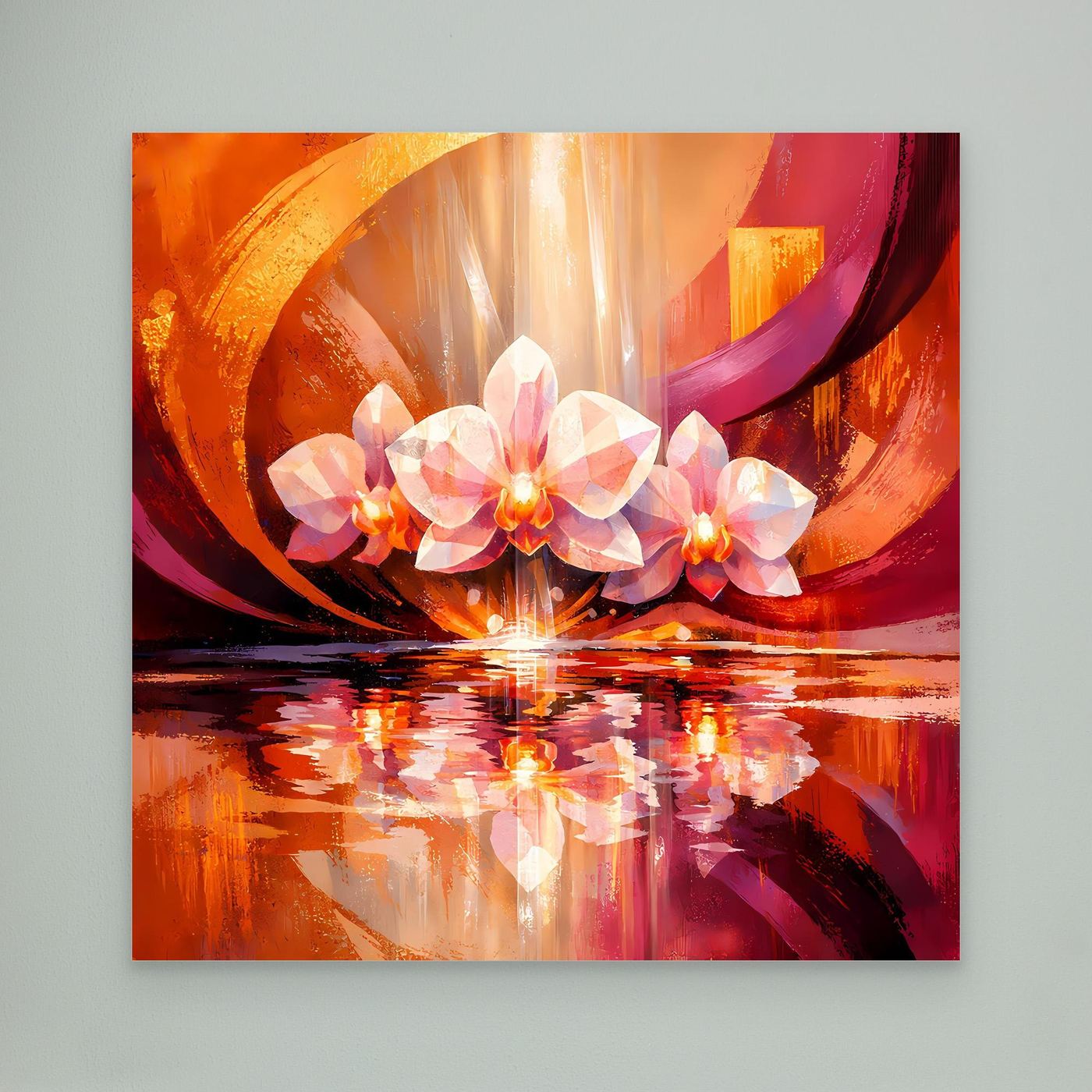 Abstraktes Leinwandbild mit weißen Orchideen und orange-pinken Farbflächen, mit Spiegelung, ohne Rahmen