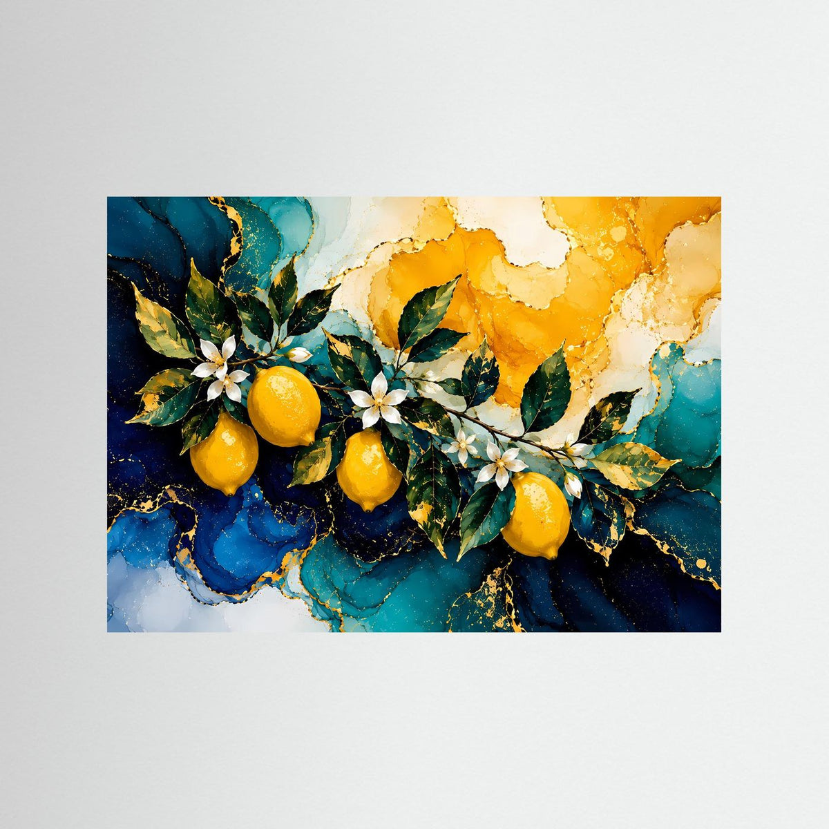 Abstraktes Zitronenzweig-Poster im Querformat: gelbe Früchte, weiße Blüten, blau-grüne Blätter.
