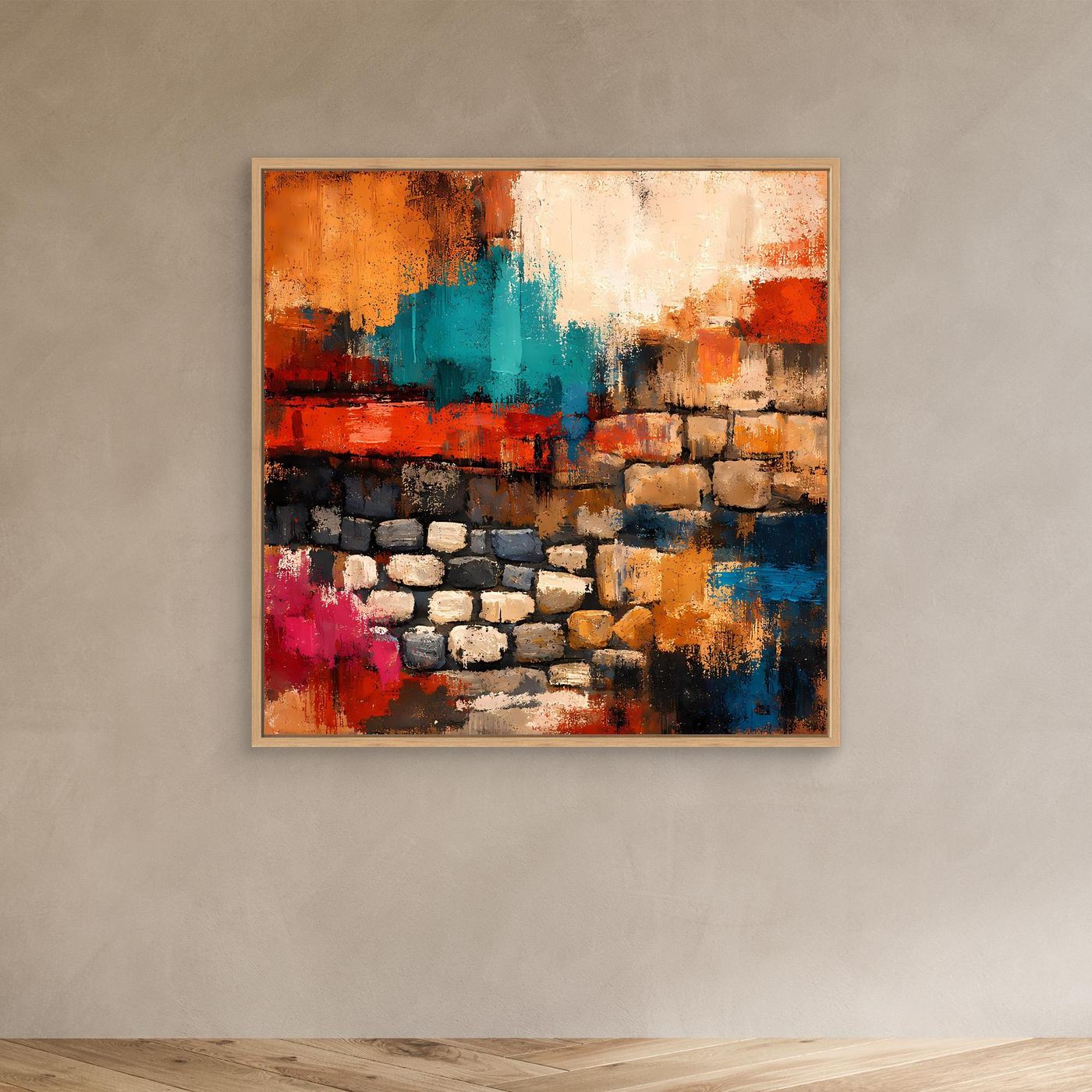 Wandbild mit abstrakter Steinmauer, orange, türkis, rot und blau, mit beigem Holzrahmen