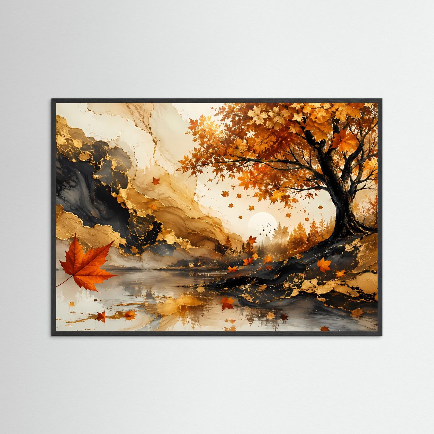 Herbstbaum Poster | Goldener Herbst Wandkunst | Abstrakte Ahorn Landschaft | Elegante Natur Wall Art | Premium Leinwandbild