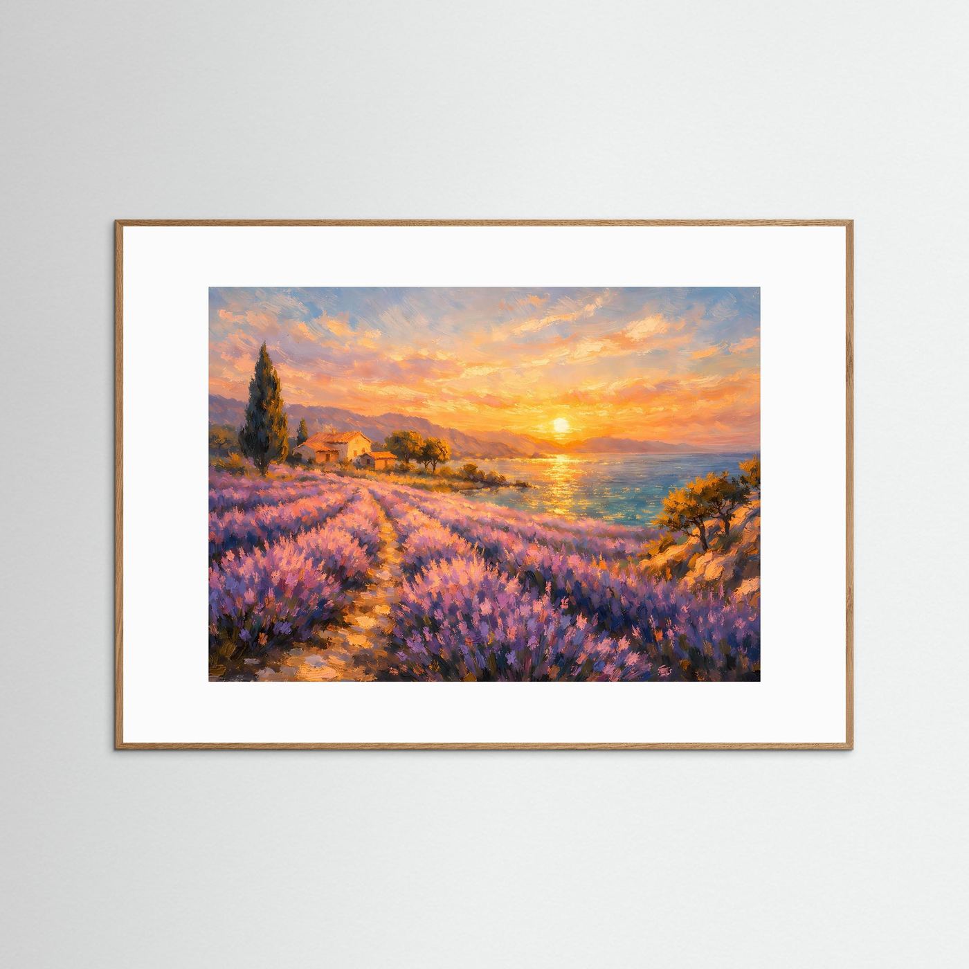Malerisches Lavendelfeld am Meer bei Sonnenuntergang | Provence Landschaft Wandbild & Kunst Poster Querformat