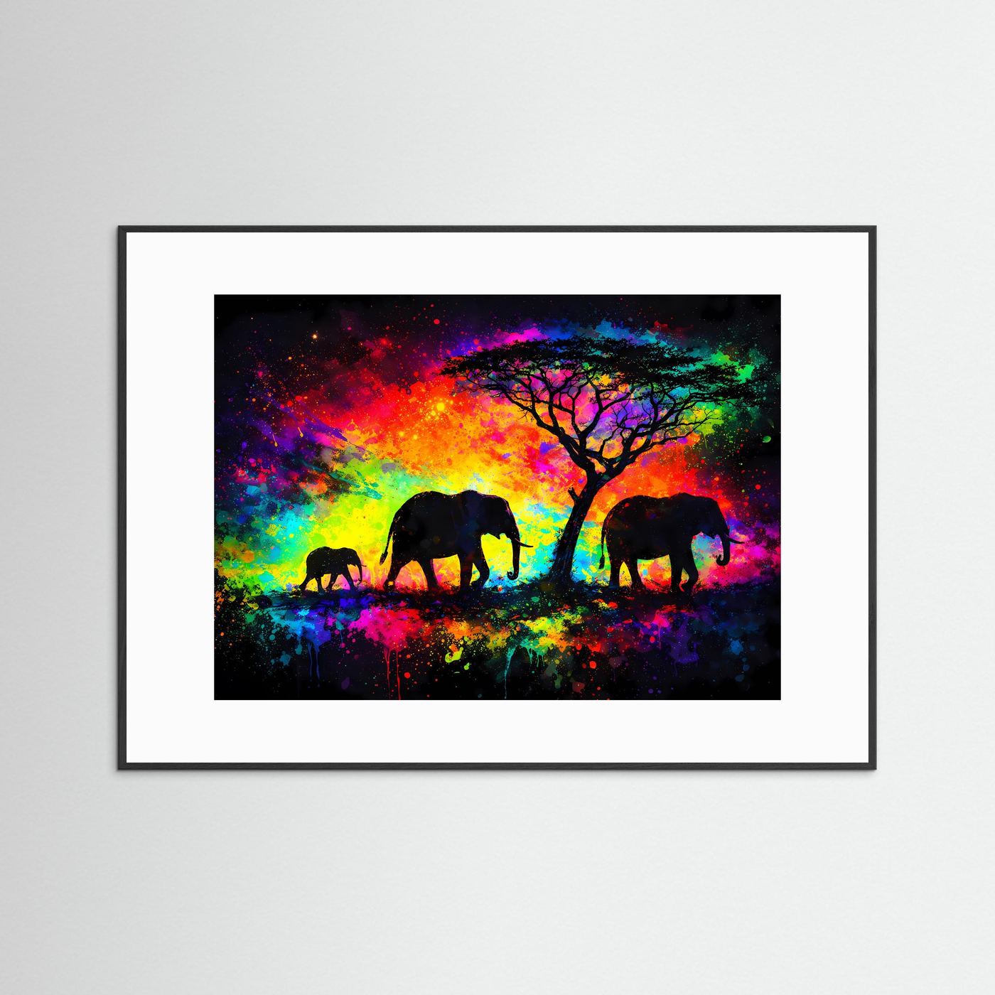 Poster im Querformat mit Elefanten-Silhouetten und Baum, buntes Pop-Art Motiv, schwarz weiß gerahmt