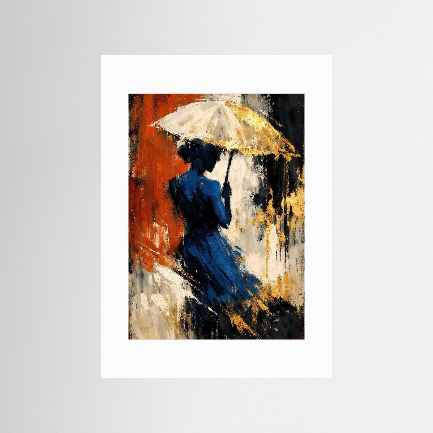 Kunstposter mit weißem Passepartout: Frau mit goldener Schirm, saphirblau und terrakotta