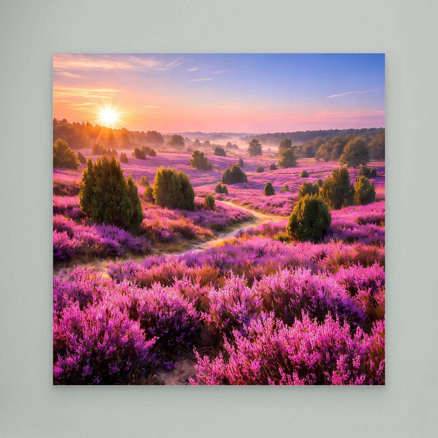 Leinwandbild mit blühendem Heidekraut und Sonnenaufgang, ohne Rahmen