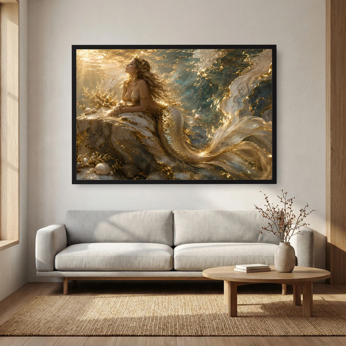 Gerahmtes Meerjungfrau-Wandbild, schwarzer Rahmen, goldene Meerjungfrau im Wasser