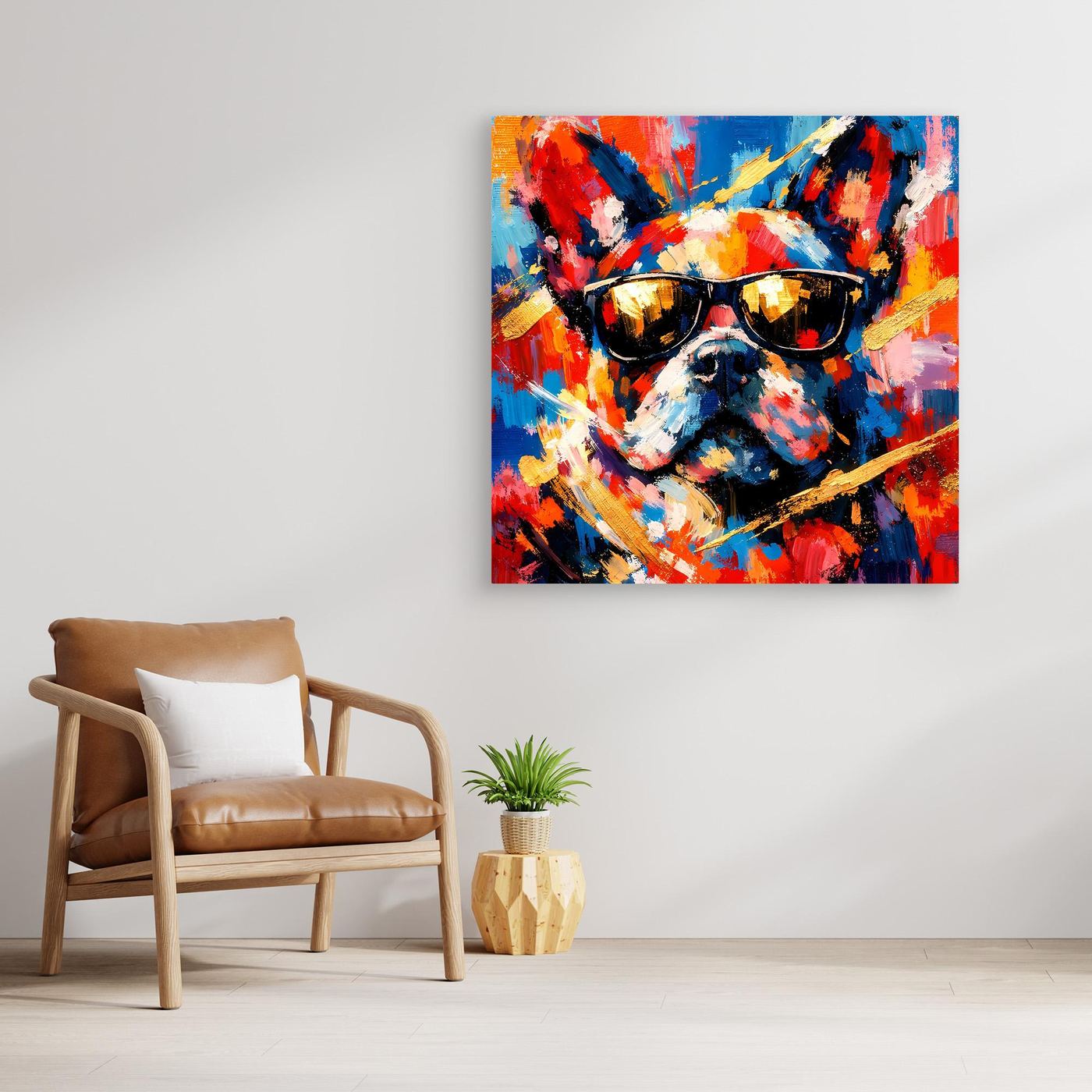 Leinwandbild mit abstrakter Französischer Bulldogge, Sonnenbrille, rot-blau-gelbe Farbflächen