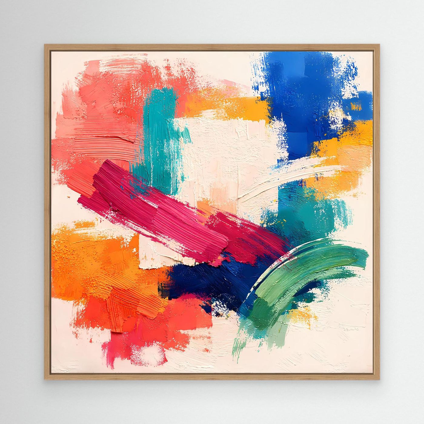 Abstract canvas wall art in a light oak frame with red, blue, green, yellow strokes