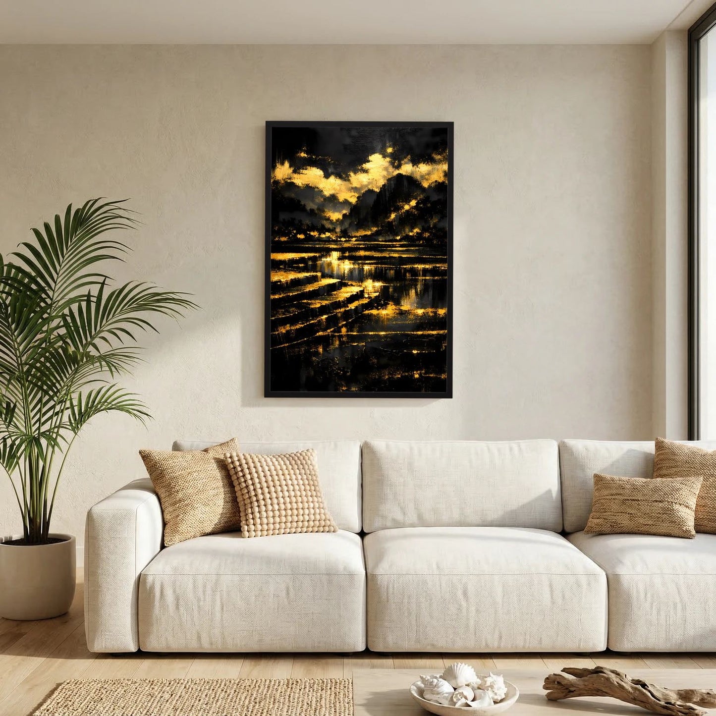 Wandbild-Poster an der Wand: abstrakte Berglandschaft in Schwarz und Gold im Hochformat