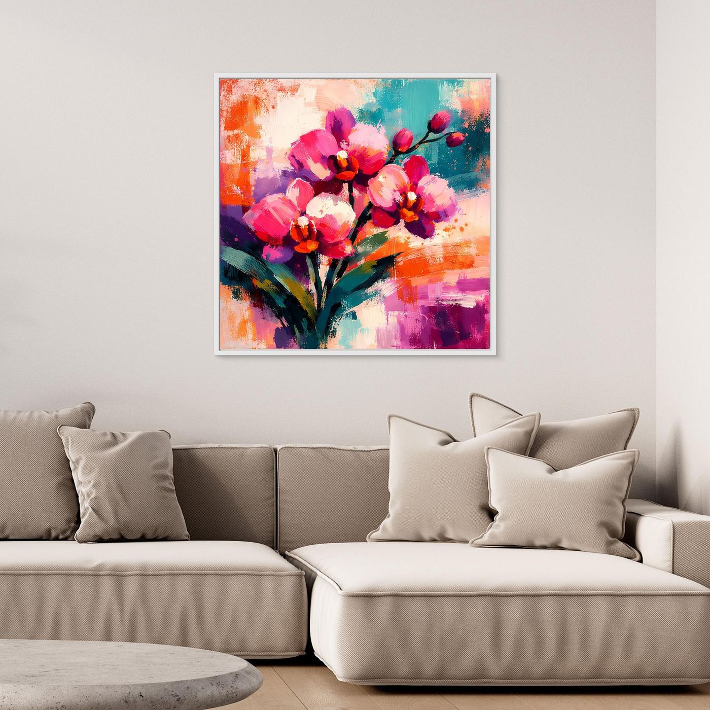 Abstraktes Orchideen-Leinwandbild mit buntem Pinselstrich-Buketts in Pink und Türkis