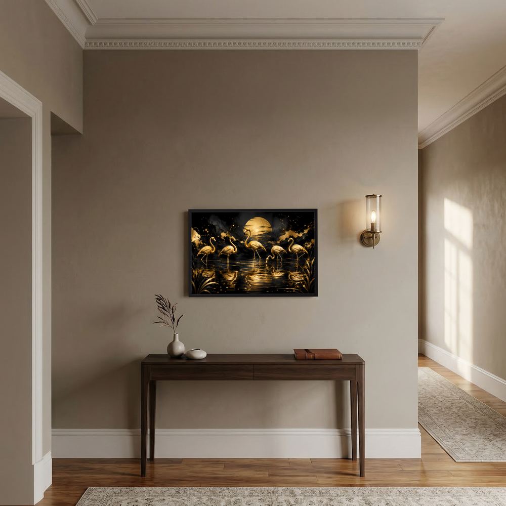 Wandbild mit goldenen Flamingos, rechteckig, schwarzer Rahmen