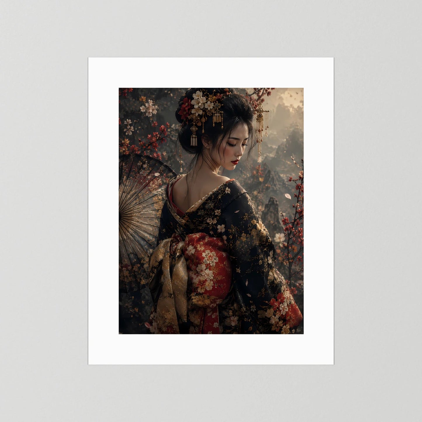 Hochformat-Poster der Geisha im floralen Kimono mit Fächer, weißer Bildrand