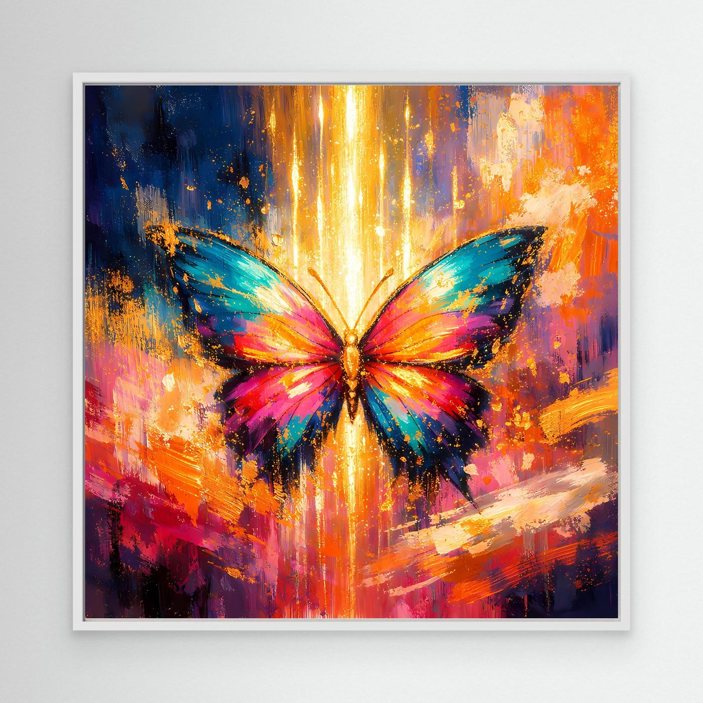 Wandbild mit leuchtendem Schmetterling im Lichtstrahl im weißen Rahmen, abstrakte Pinselstriche