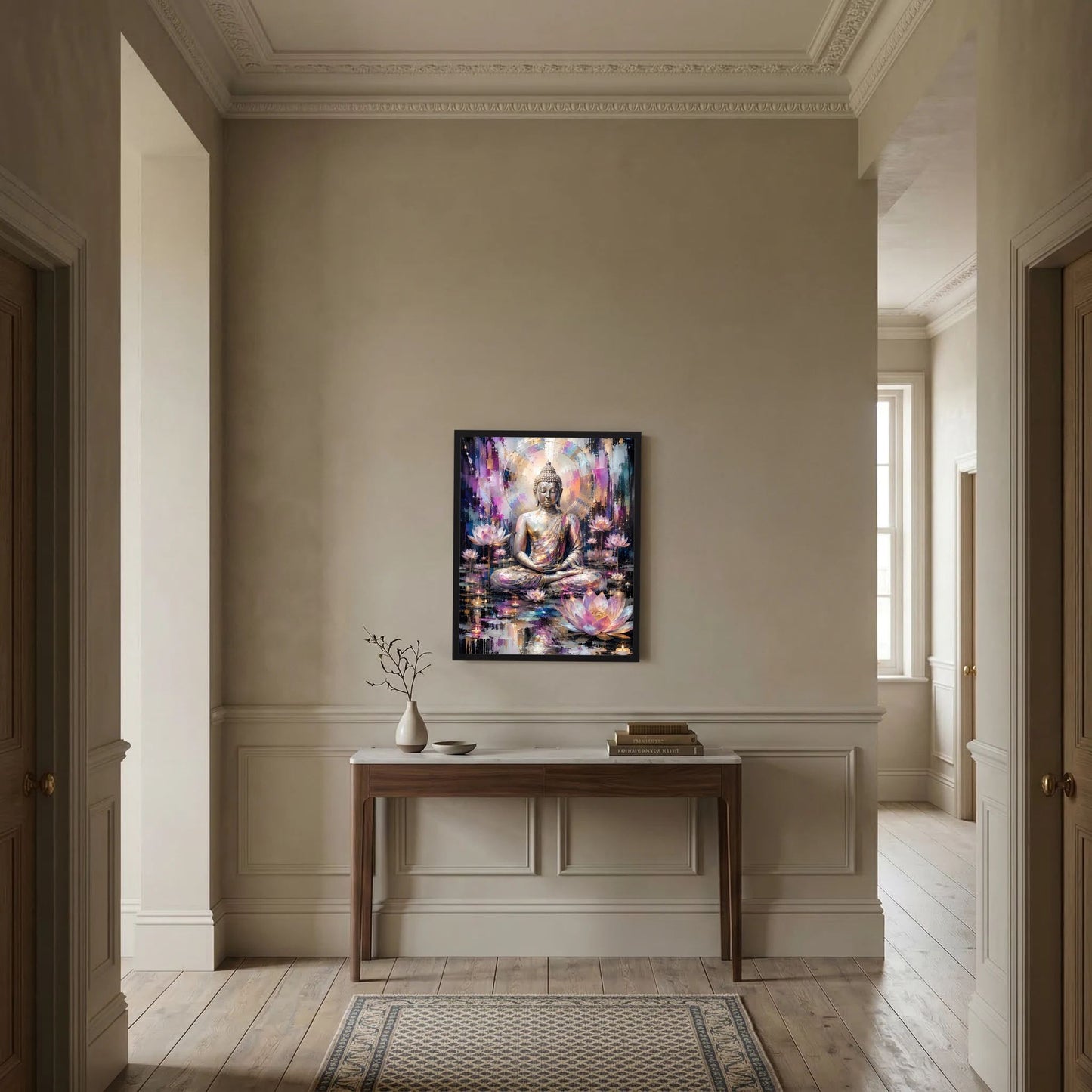 Wandbild-Poster mit sitzendem Buddha und Lotusblüten in Gold-, Rosa- und Blautönen