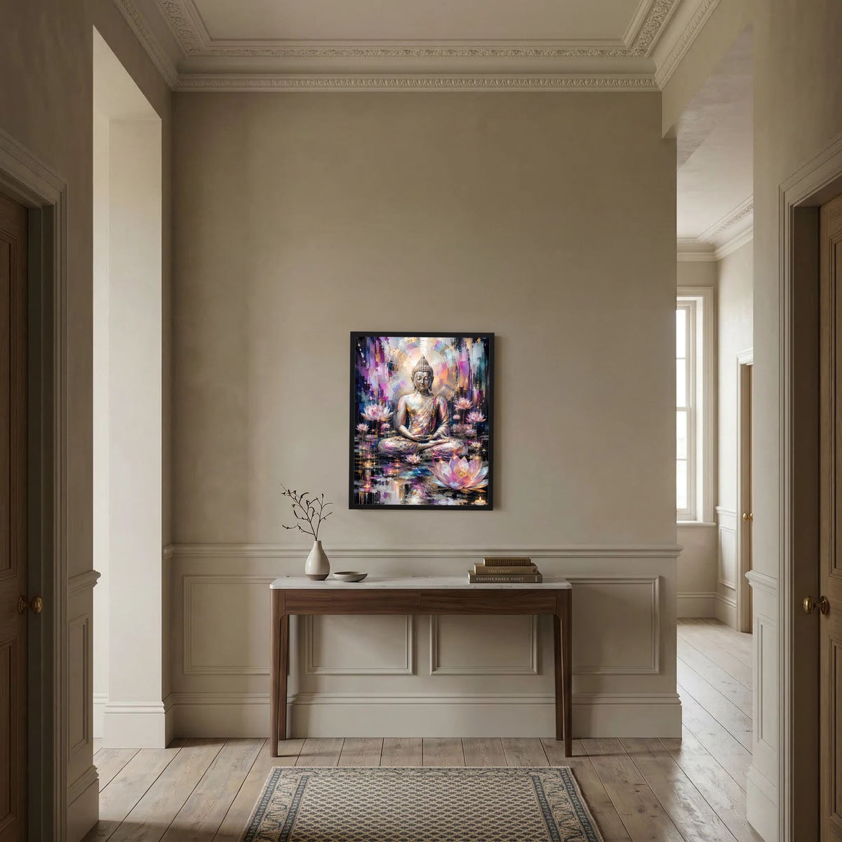 Wandbild-Poster mit sitzendem Buddha und Lotusblüten in Gold-, Rosa- und Blautönen