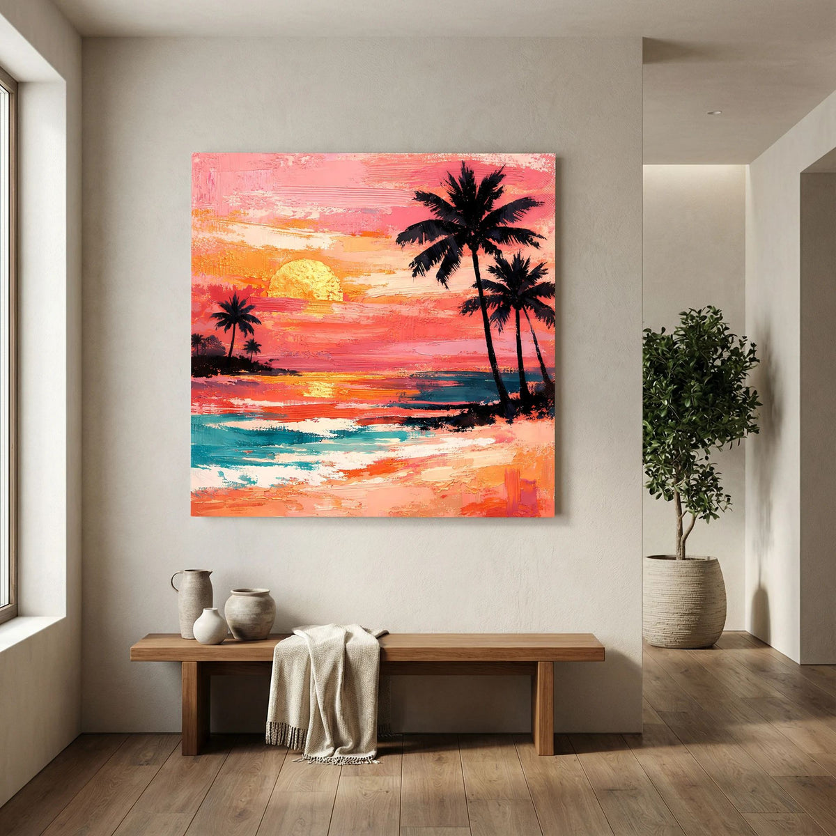 Rechteckiges Leinwandbild mit Sonnenuntergang am Meer, Palmen und orange-terrakottaten Farbübergängen