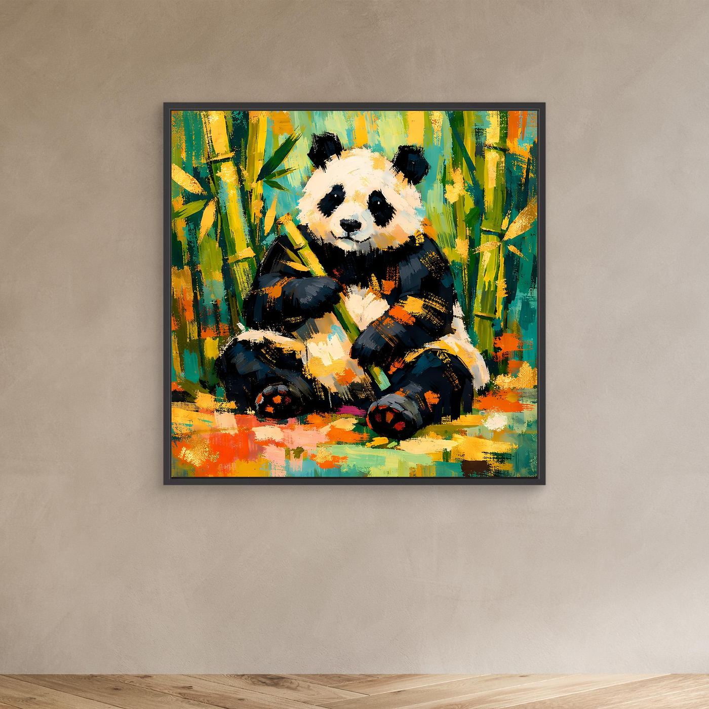 Leinwandbild mit sitzendem Panda im Bambuswald, abstraktes Tiermotiv, dunkler Rahmen