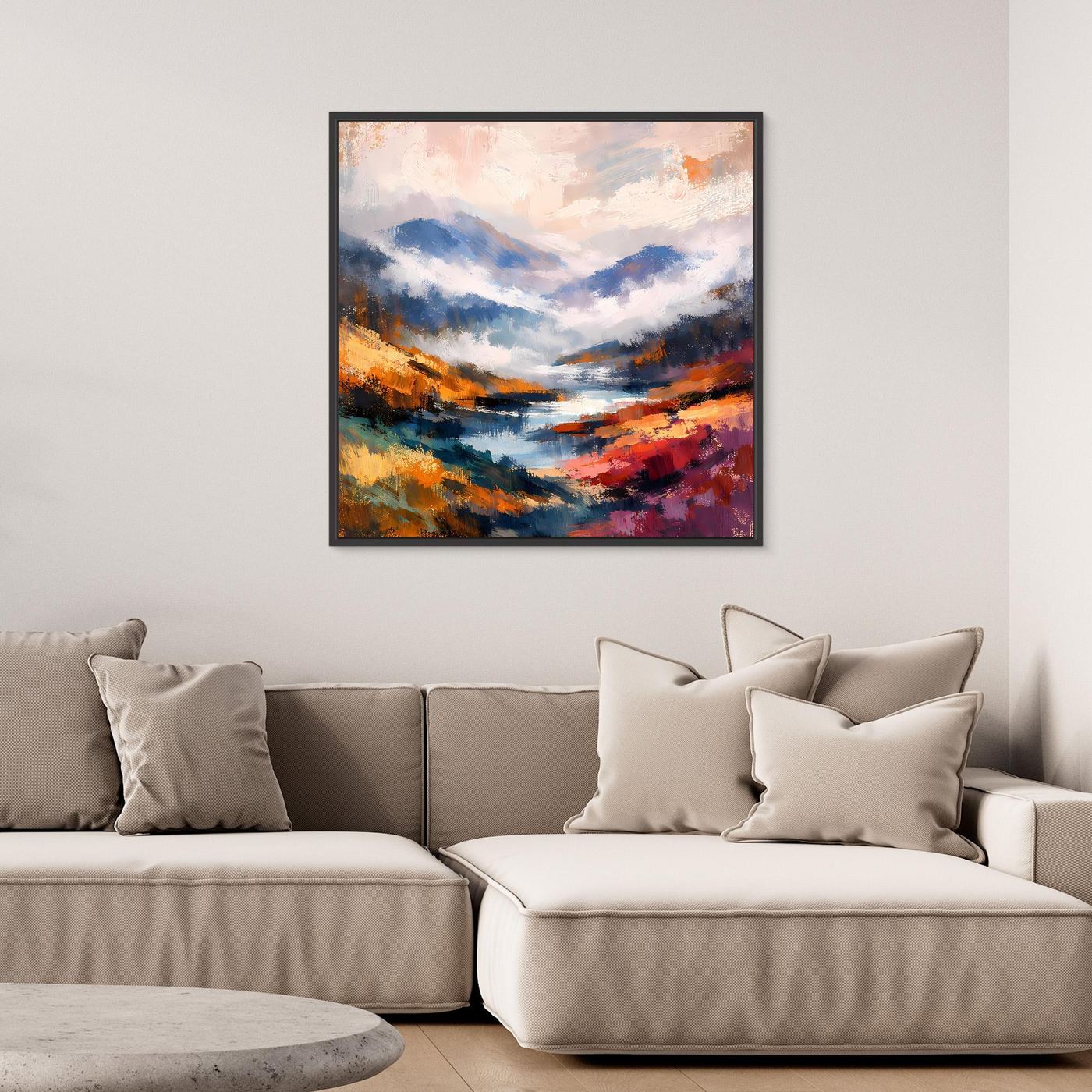 Abstraktes Leinwand-Wandbild mit Berglandschaft und Flusslauf, schwarz gerahmt
