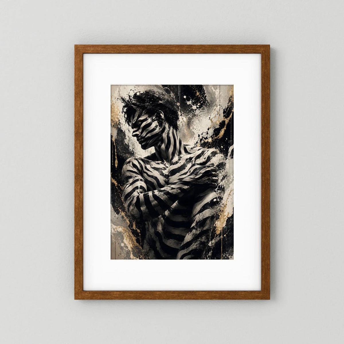 Wandkunst-Poster Zebra-Mann mit Zebra-Streifen, Schwarz-Gold und braunem Holzrahmen