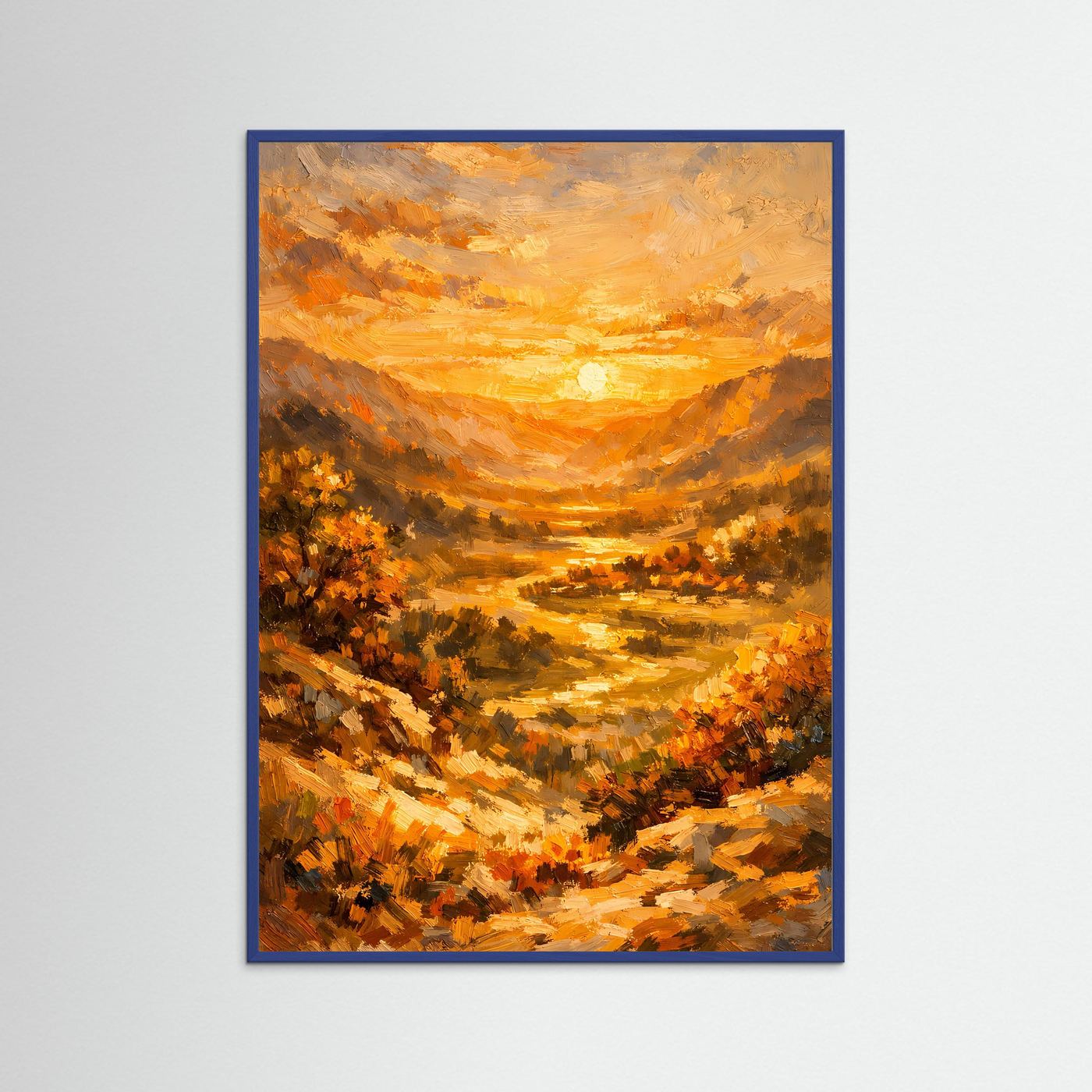 Hochformatiges Ölgemälde-Poster im blauem Holzrahmen mit warmem Sonnenuntergang