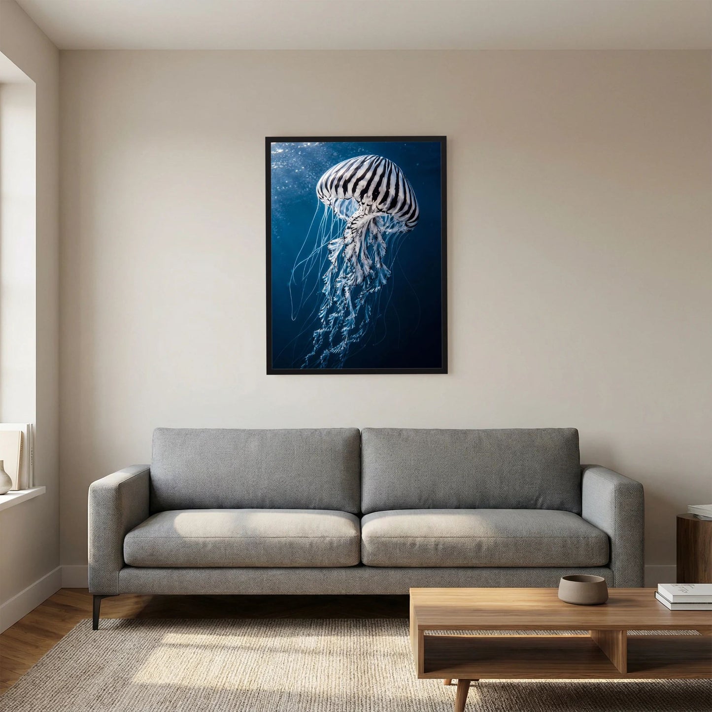 Hochformatiges Poster mit Qualle in Blau über dem Sofa, schwarzer Rahmen