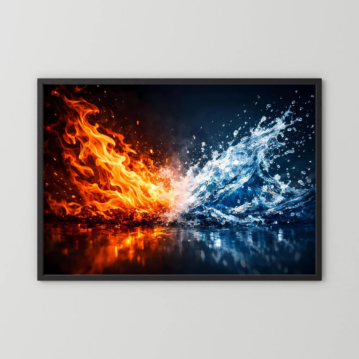 Querformatiges Kunstposter im schwarzen Rahmen mit abstraktem Feuer-und-Wasser-Motiv