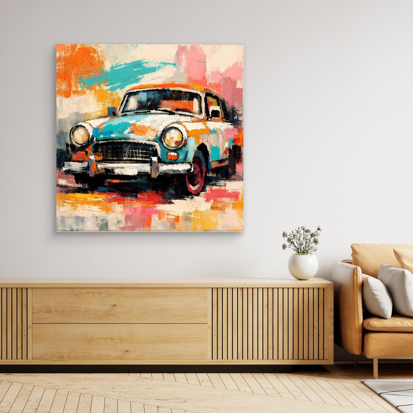 Abstract vintage car wall art with turquoise, orange, and pink brushstrokes in a light wood frame