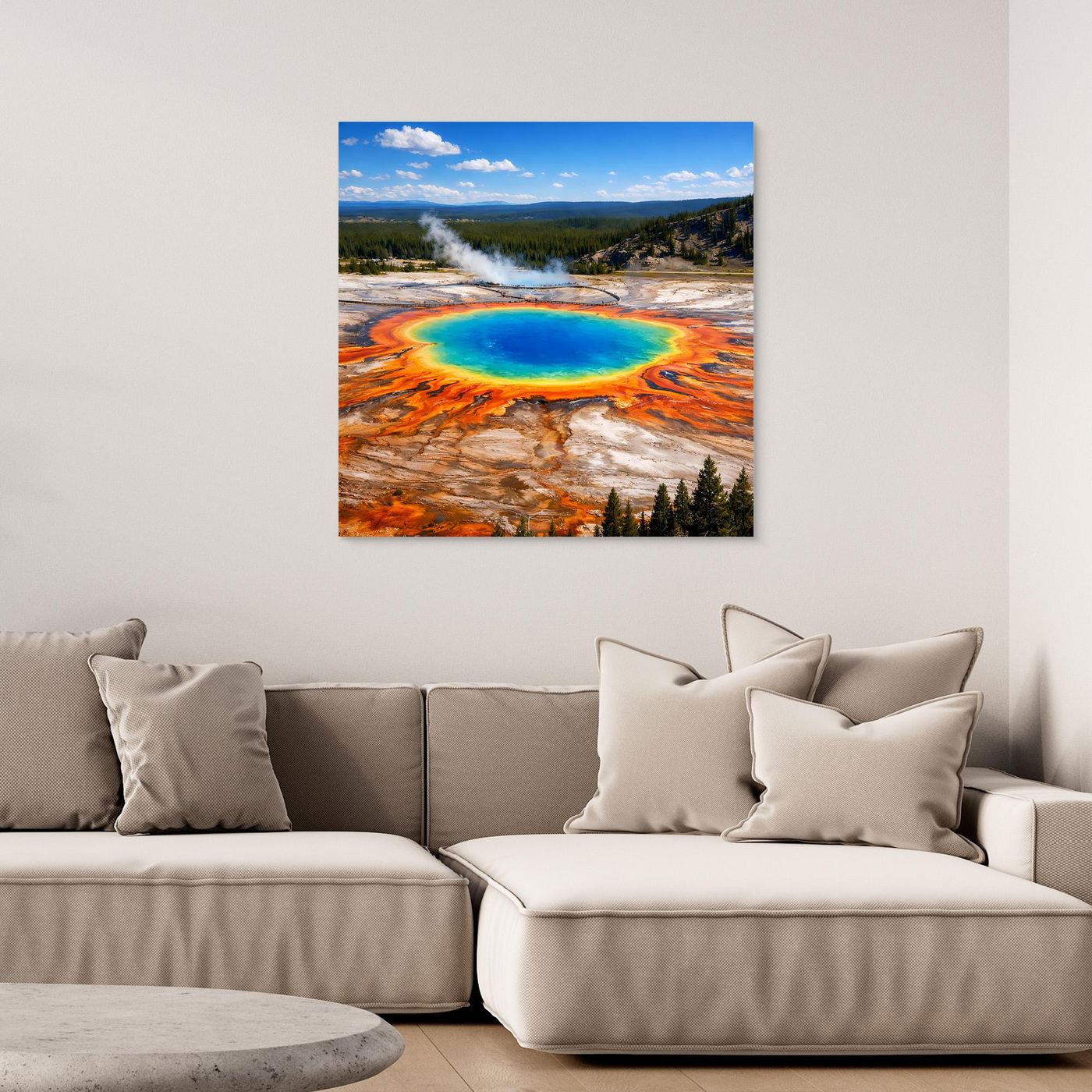 Leinwandbild mit Prismatic-Spring-Motiv, farbenfroher blau-türkis See und Landschaft