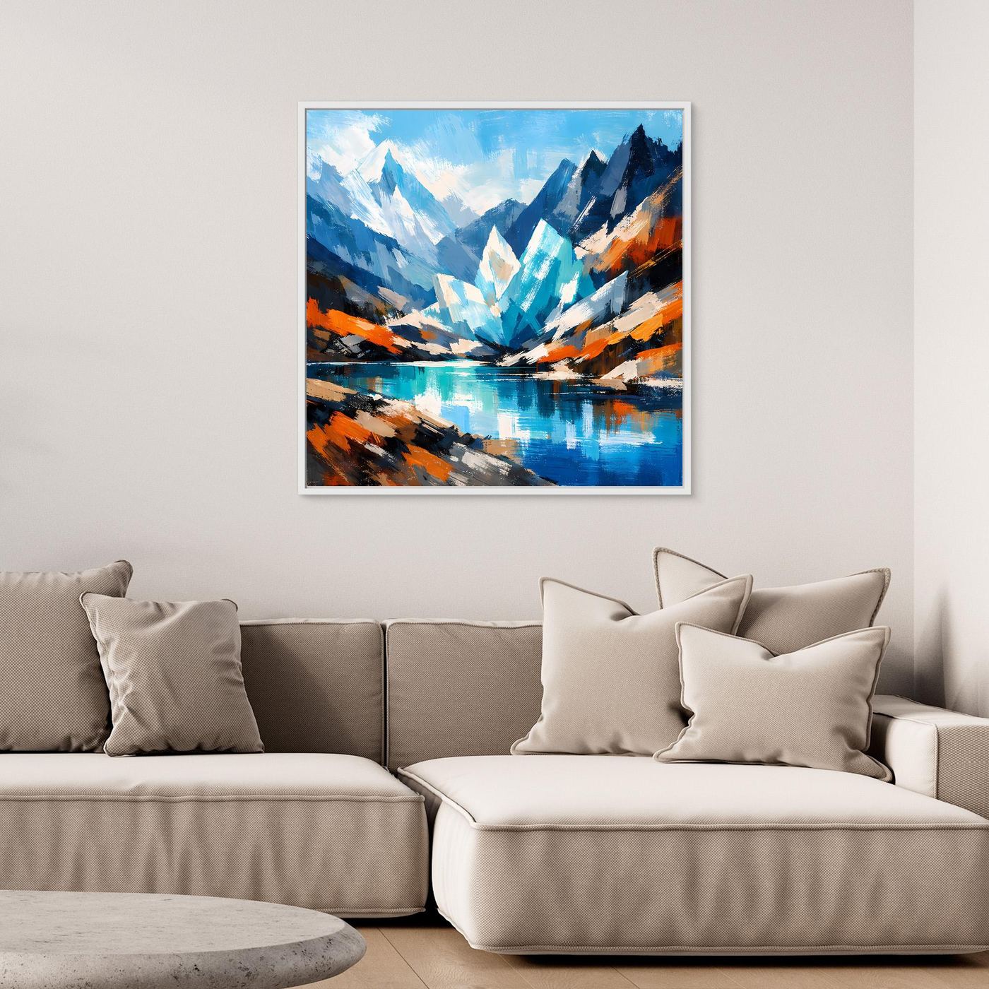 Gerahmtes Leinwand-Wandbild: spiegelnder See zwischen schroffen Bergen in Blau- und Orangetönen
