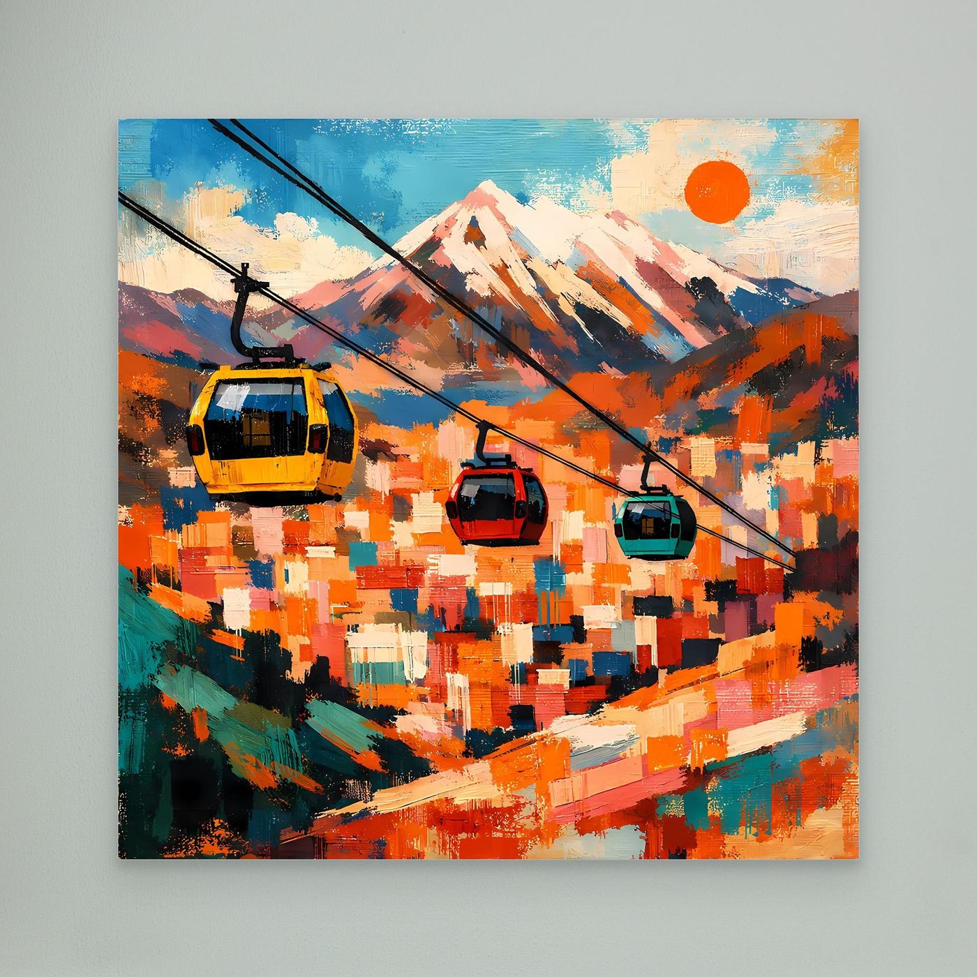 Abstraktes Leinwand-Wandbild mit Seilbahn-Gondeln, Bergsilhouette und Sonne in Orange/Blau