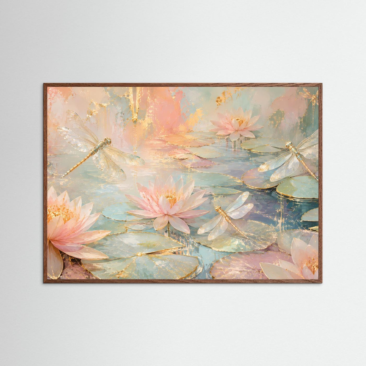 Wandbild mit Seerosen und Libellen, Pastell-Teichmotiv, dunkelbrauner Rahmen