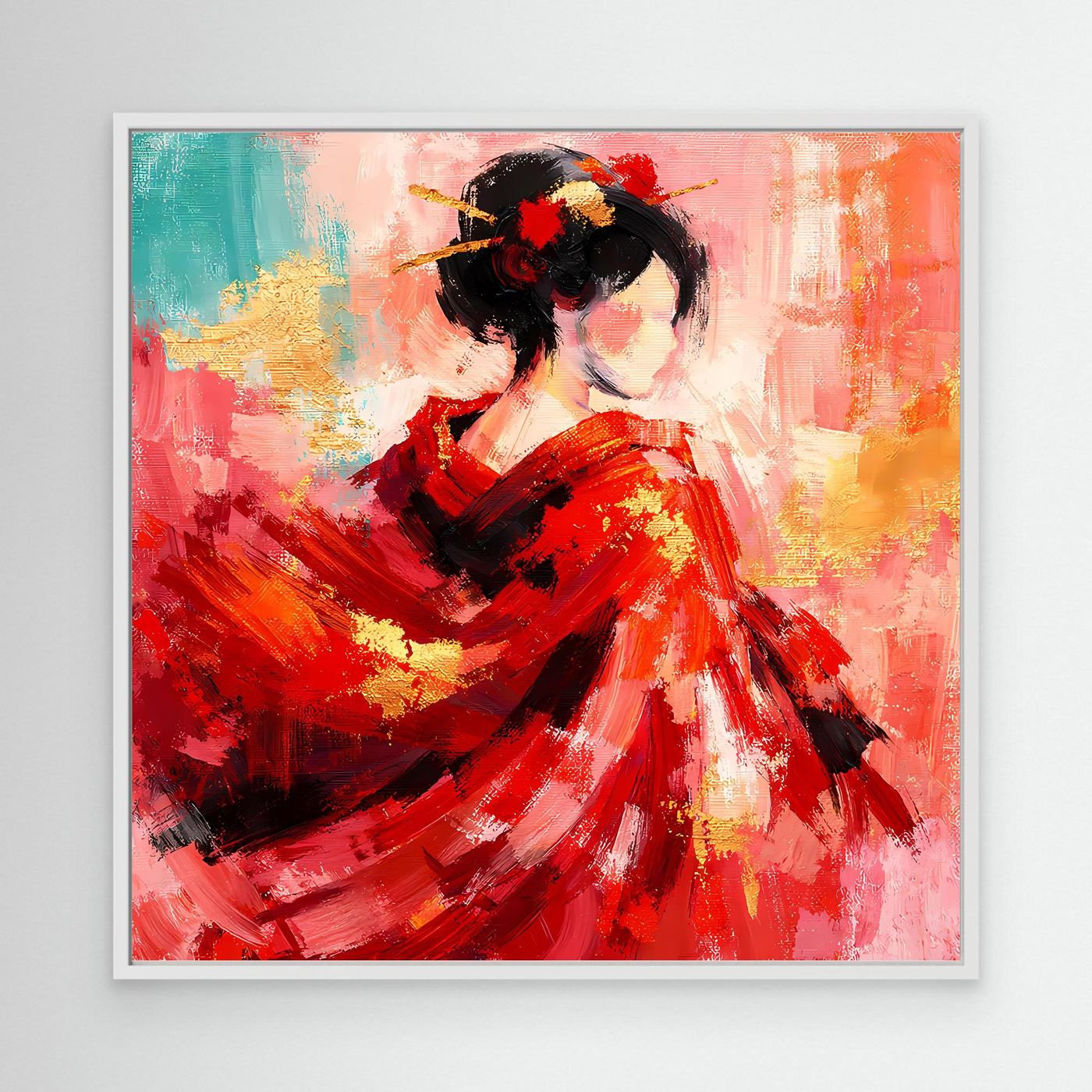 Leinwandbild mit Geisha-Porträt in Rot, schwarzem Haar, mit weißem Rahmen
