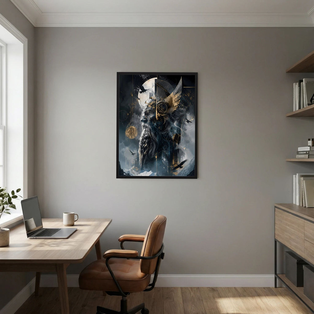 Gerahmtes Hochformat-Poster: Wikingerkrieger mit Raben, Halbmond und Runen