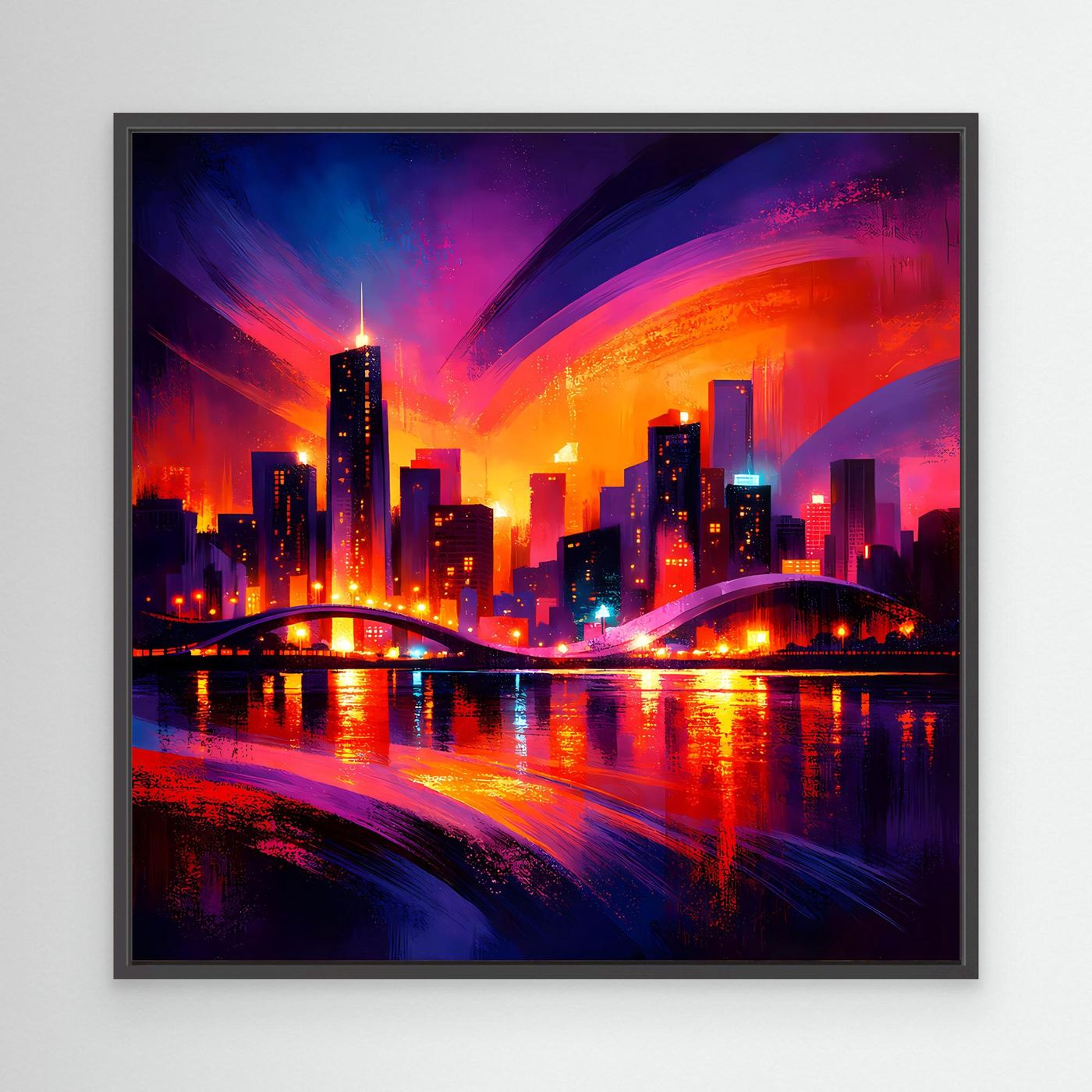 Wandbild auf Leinwand mit Neon-Großstadt-Skyline bei Nacht im schwarzen Rahmen