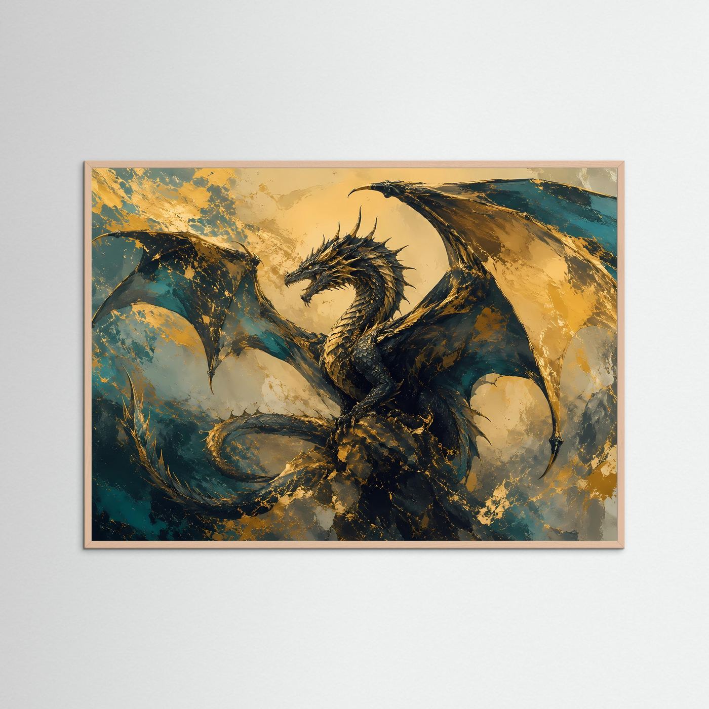 Fantasy-Poster mit Drachen in Gold- und Blautönen, Rosé-Holzrahmen, Querformat