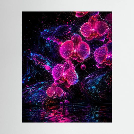 Kunstposter Hochformat mit leuchtenden Orchideen in Pink und Violett auf dunklem Hintergrund