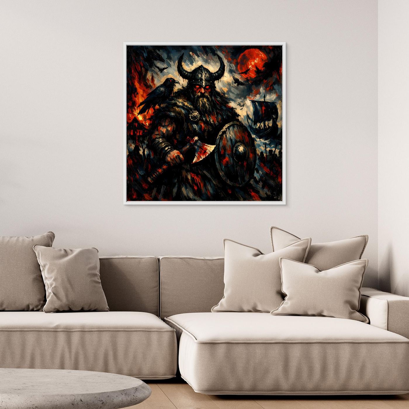 Leinwand Düsterer Wikinger-Krieger unter dem Blutmond | Expressives Nordmann Wandbild